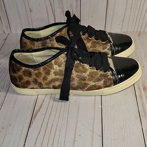 LANVIN Black Patent Leather & Leopard Pony Hair Sneakers 37